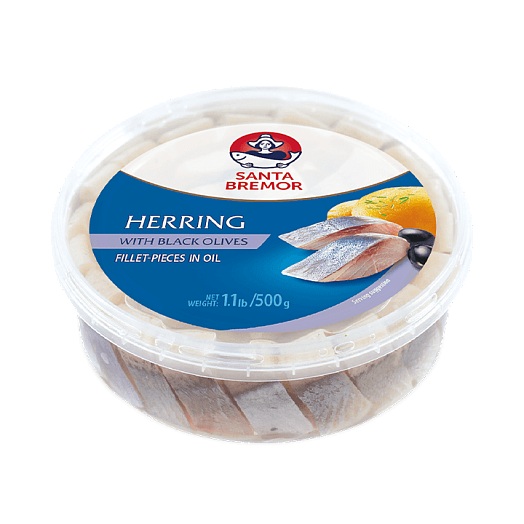 Herring fillet pieces "Santa Bremor" with black olives, in oil 500 g